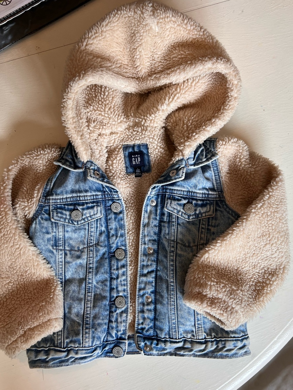 GAP Blue Denim Jacket with Cream Sherpa Hood